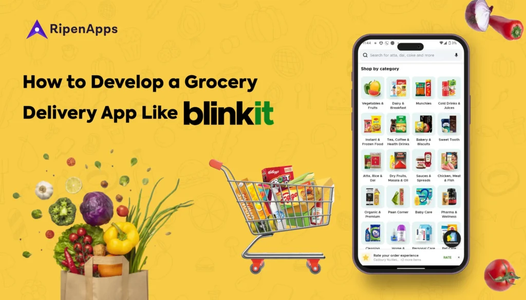 Blinkit grocery app showcasing online grocery delivery options for quick commerce in India.